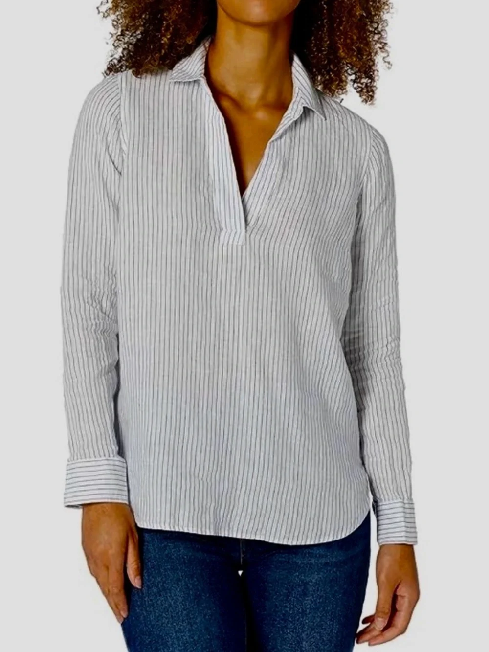 NYDJ White and Blue Linen Striped Button-Down Shirt - Picture 1 of 4